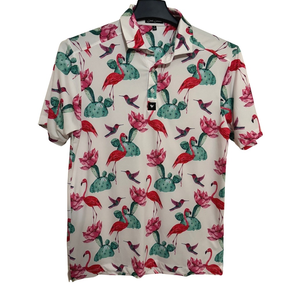 Bad Birdie Golf Polo Shirt Mens S Performance‎ White Birds Pink Athleisure EUC